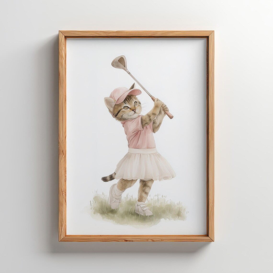 Tabby Kitten Playing Golf Pink Outfit Watercolor Sports Print