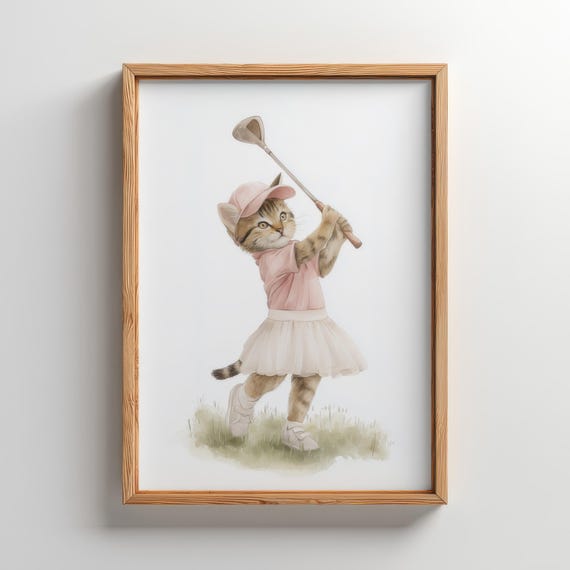 Pink Watercolor Tabby Kitten Playing Golf Print 5 Sizes Included
