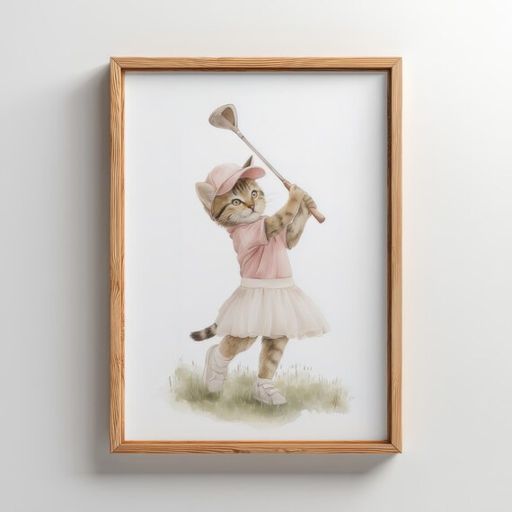 Tabby Kitten Playing Golf Pink Outfit Watercolor Sports Print