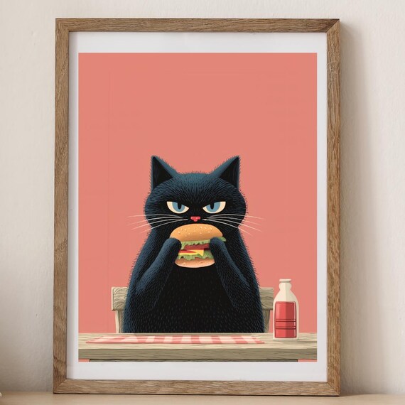 Black Cat Devouring a Cheeseburger at the Table Funny Poster