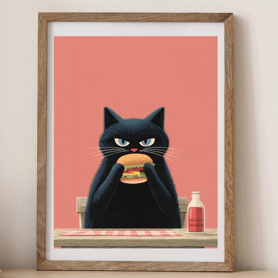 Funny Black Cat Hamburger Print Playful Kitchen Wall Art