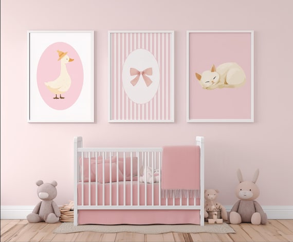 Pink Nursery Set With Goose Ribbon Bow Sleeping Cat Trio Wall Art