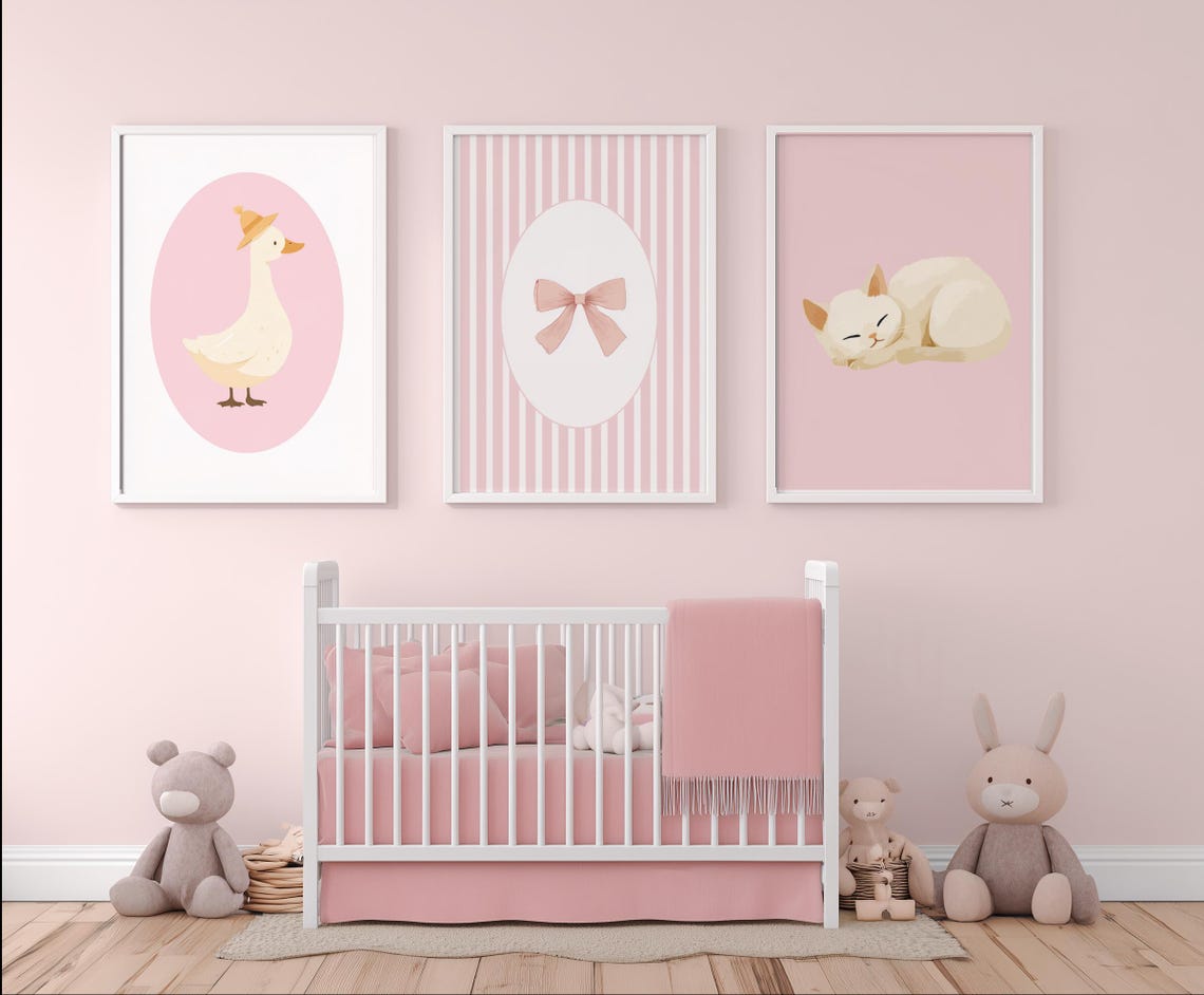 Pink Nursery Set With Goose Ribbon Bow Sleeping Cat Trio Wall Art