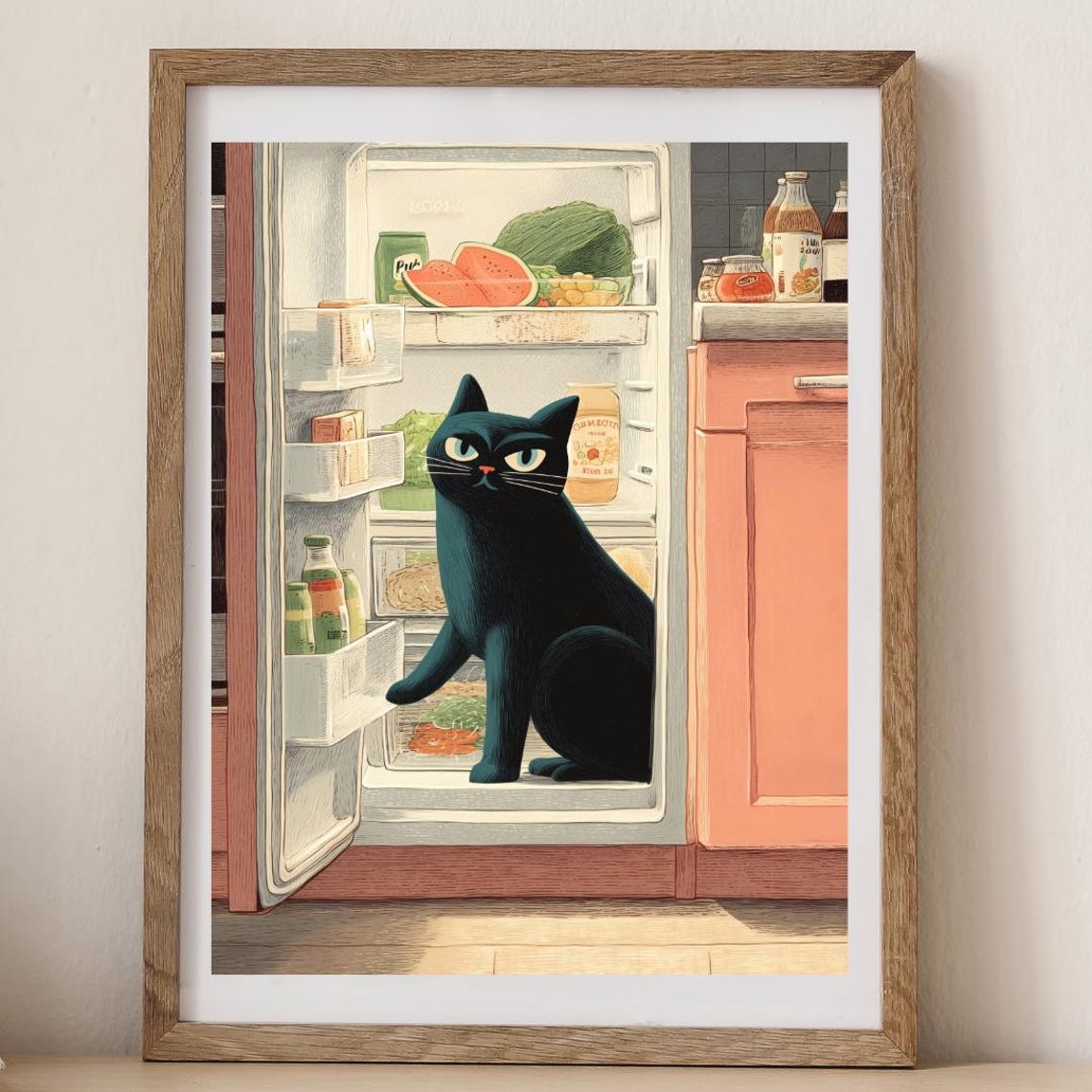 Black Cat Sitting Inside Open Fridge In Retro Kitchen Wall Art