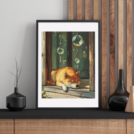 Sleeping Shiba Inu Dog Wind Chimes Japanese Veranda Art Poster