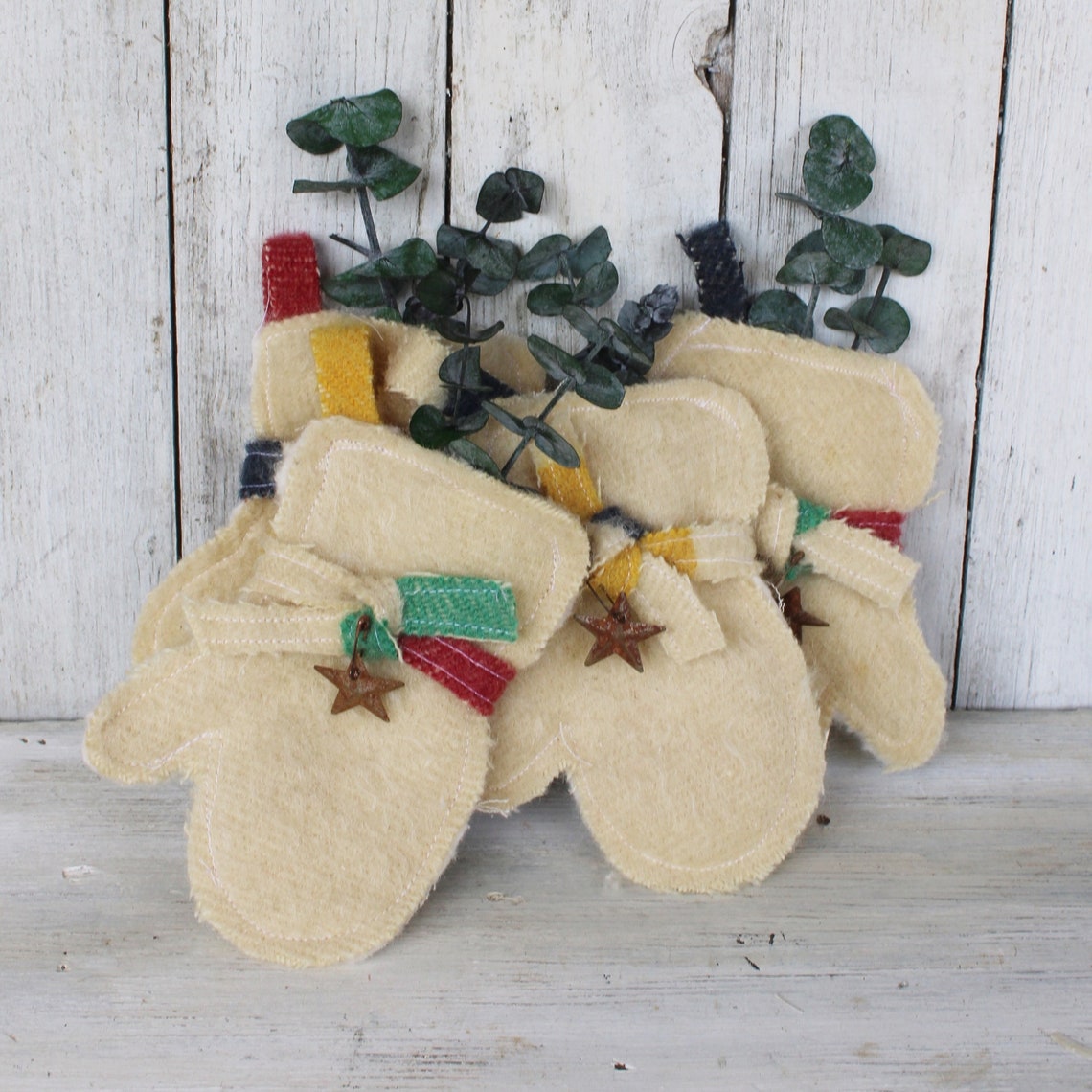 Wool Felt Mitten Christmas Ornaments with Rusty Star Charms Poster
