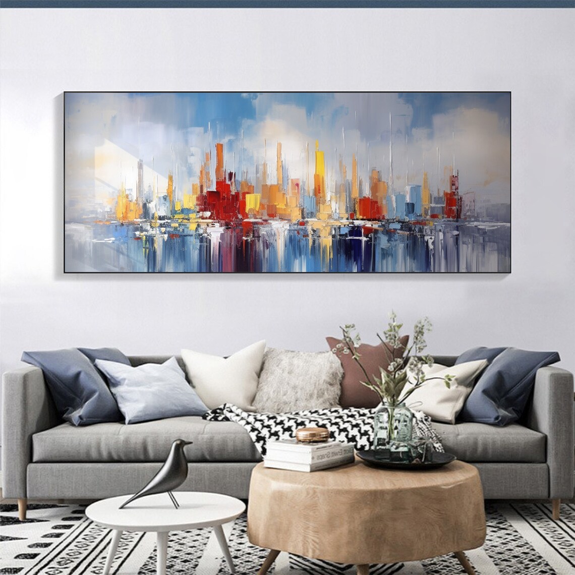Red and Blue Abstract City Towers Water Reflection Art Poster - Image 6