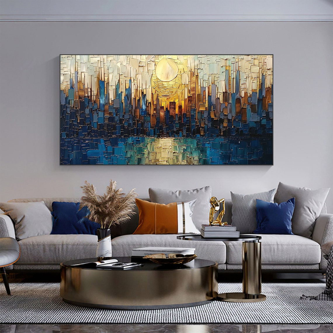 Mosaic Blue City Skyline with Golden Sun Thick Impasto Poster - Image 3