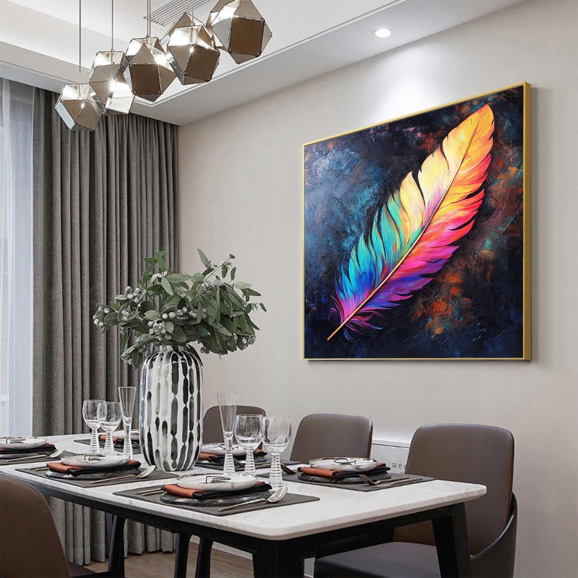 Vivid Rainbow Feather on Dark Navy Background Abstract Poster - Image 6