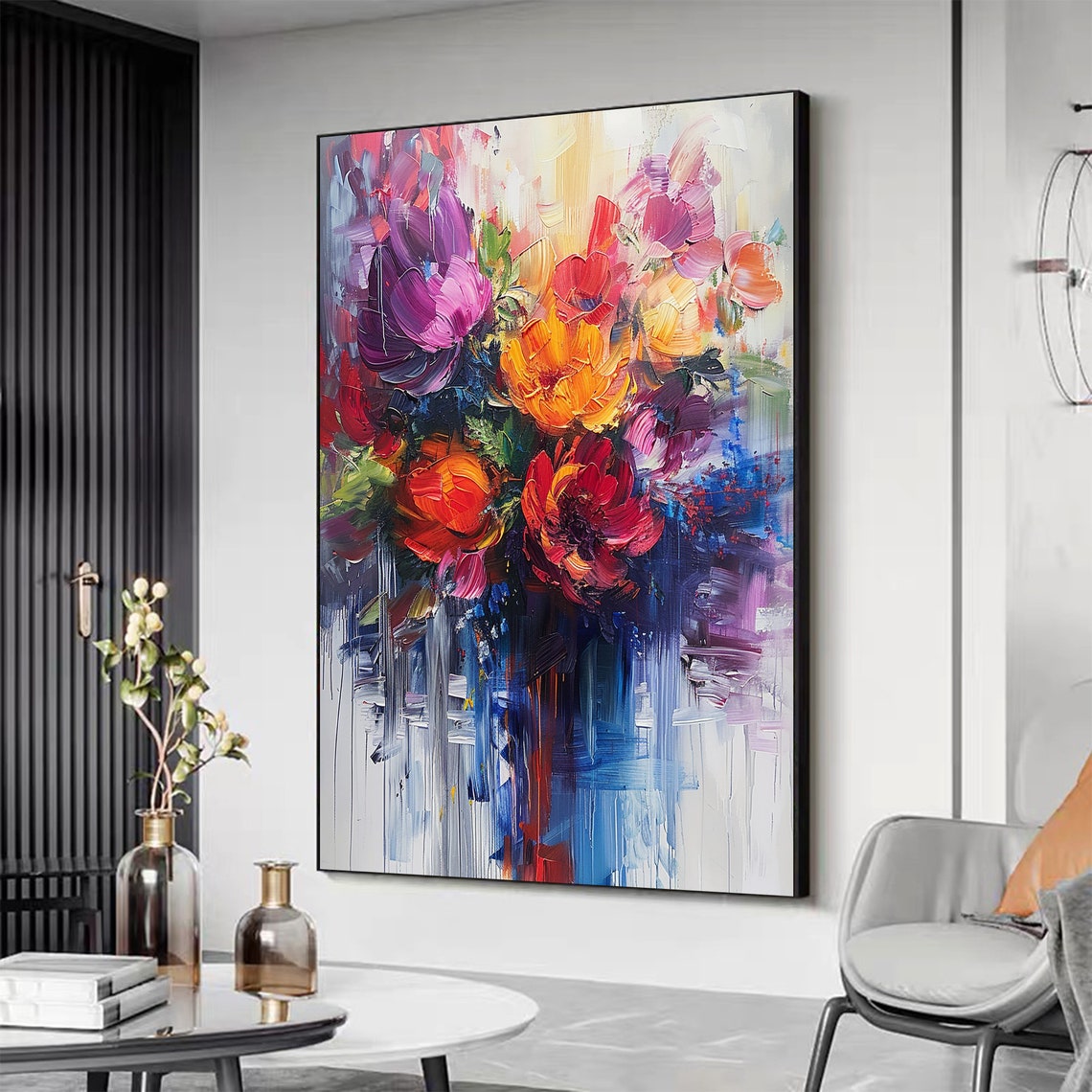 Bold Red Orange Purple Flower Bouquet Thick Impasto Art Poster - Image 6