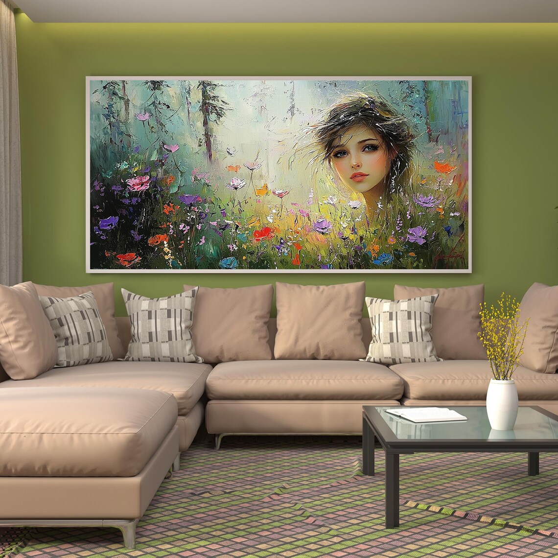 Dreamy Woman Face among Colorful Wildflowers Garden Oil Poster - Image 2
