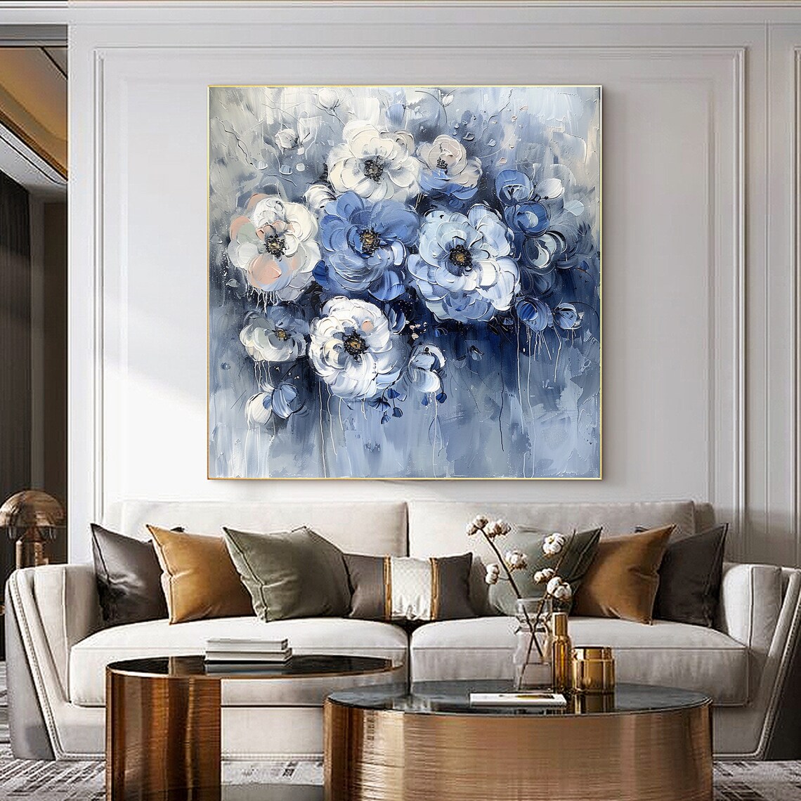 Blue and White Peony Floral Oil Painting Style Blossom Poster - Image 2