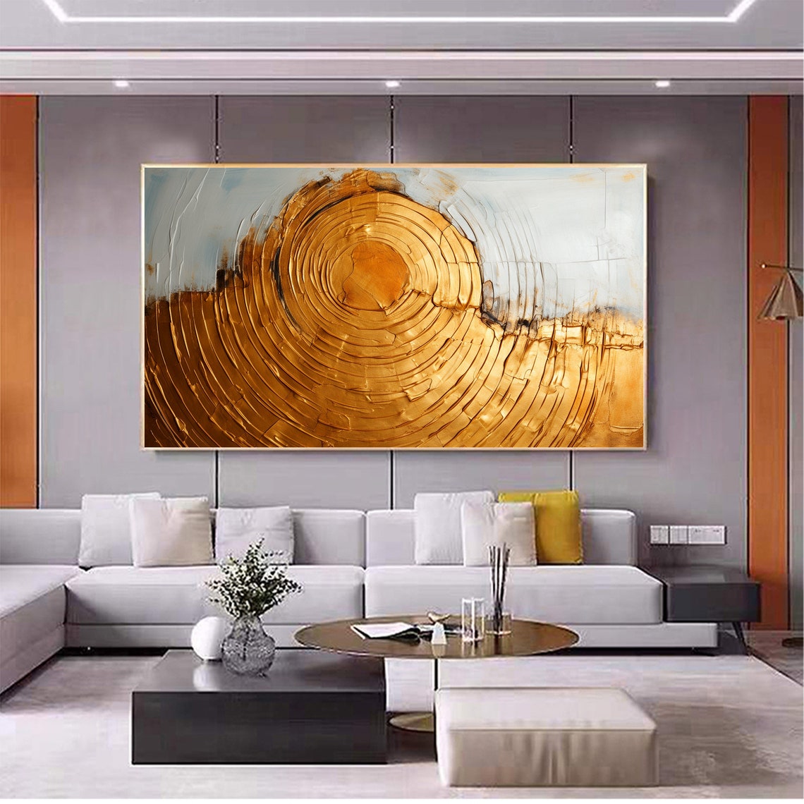 Gold Concentric Circles Spiral White Textured Abstract Painting Poster - Image 4