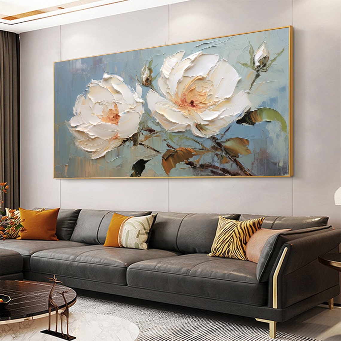 White Roses Blue Gray Background Impasto Floral Painting Poster - Image 5