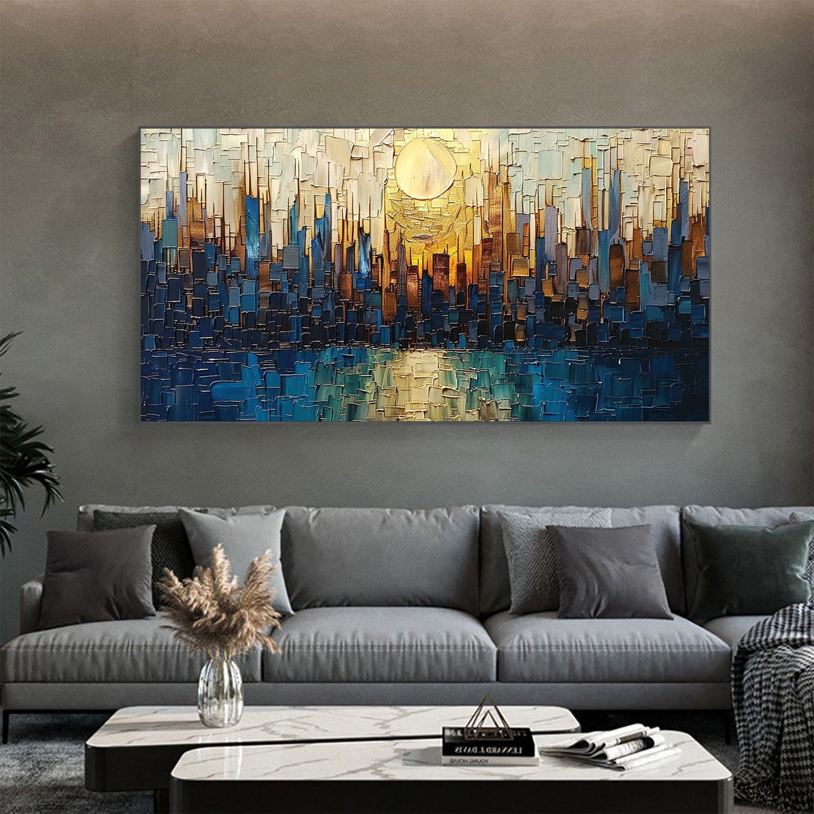 Mosaic Blue City Skyline with Golden Sun Thick Impasto Poster - Image 2