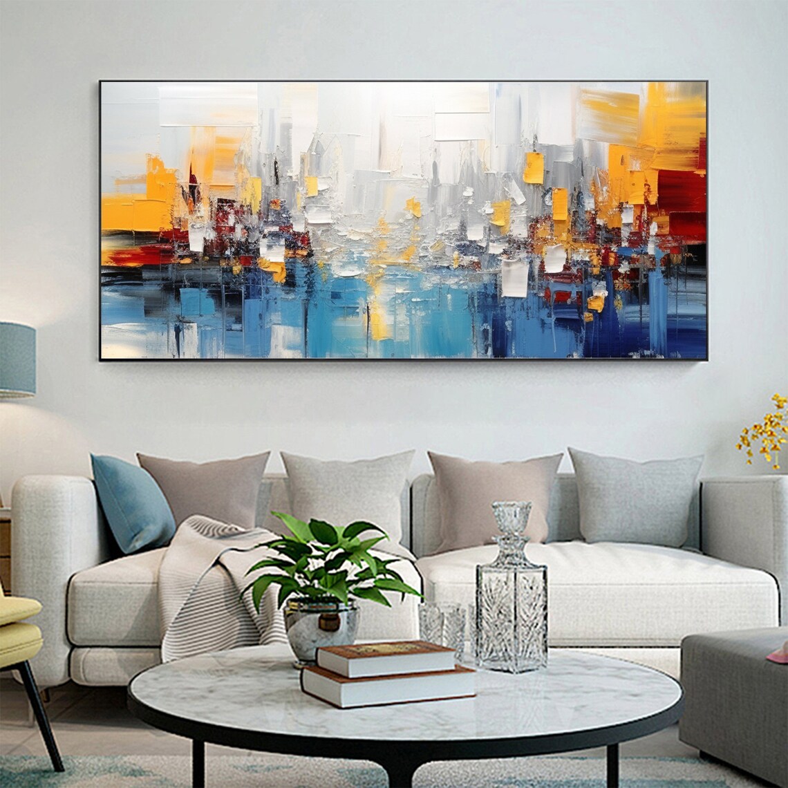 Abstract Blue White and Gold Cityscape Texture Art Oil Poster - Image 6