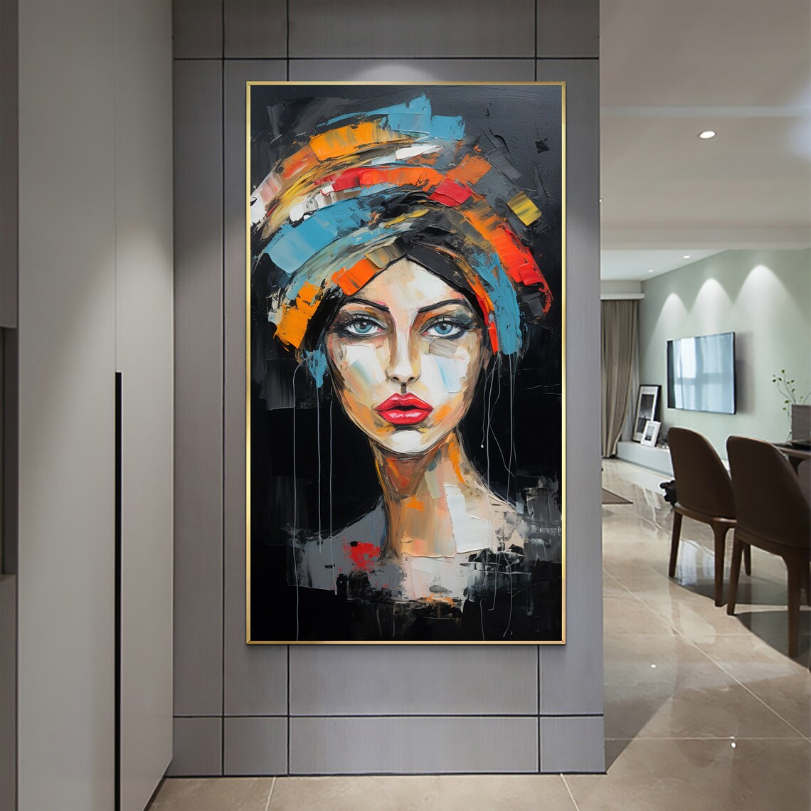 Woman Colorful Headscarf Abstract Portrait Vertical Painting Poster - Image 3