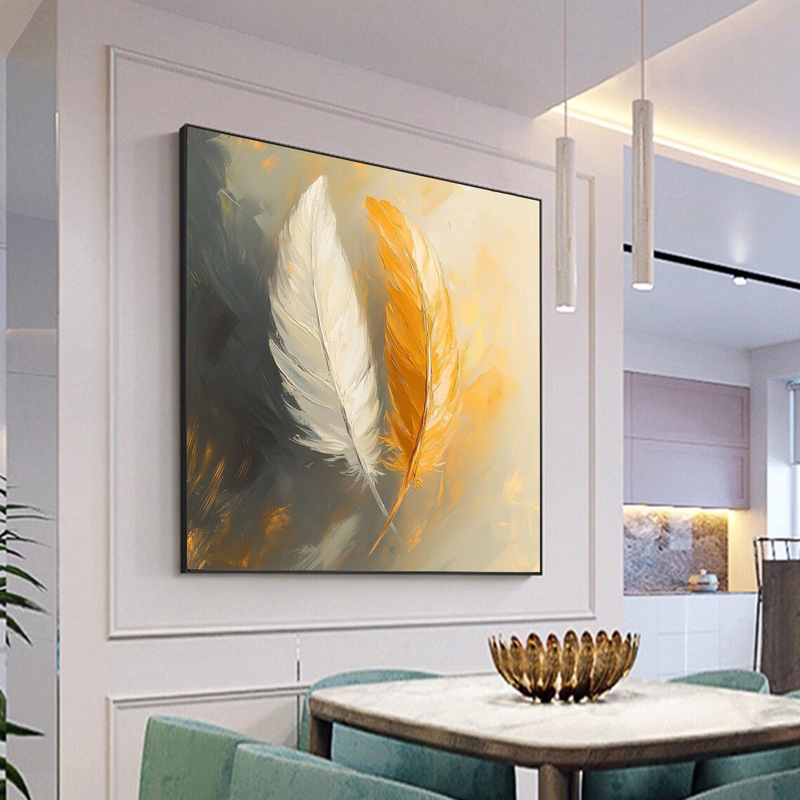 White and Golden Feather Pair Elegant Abstract Oil Art Poster - Image 4