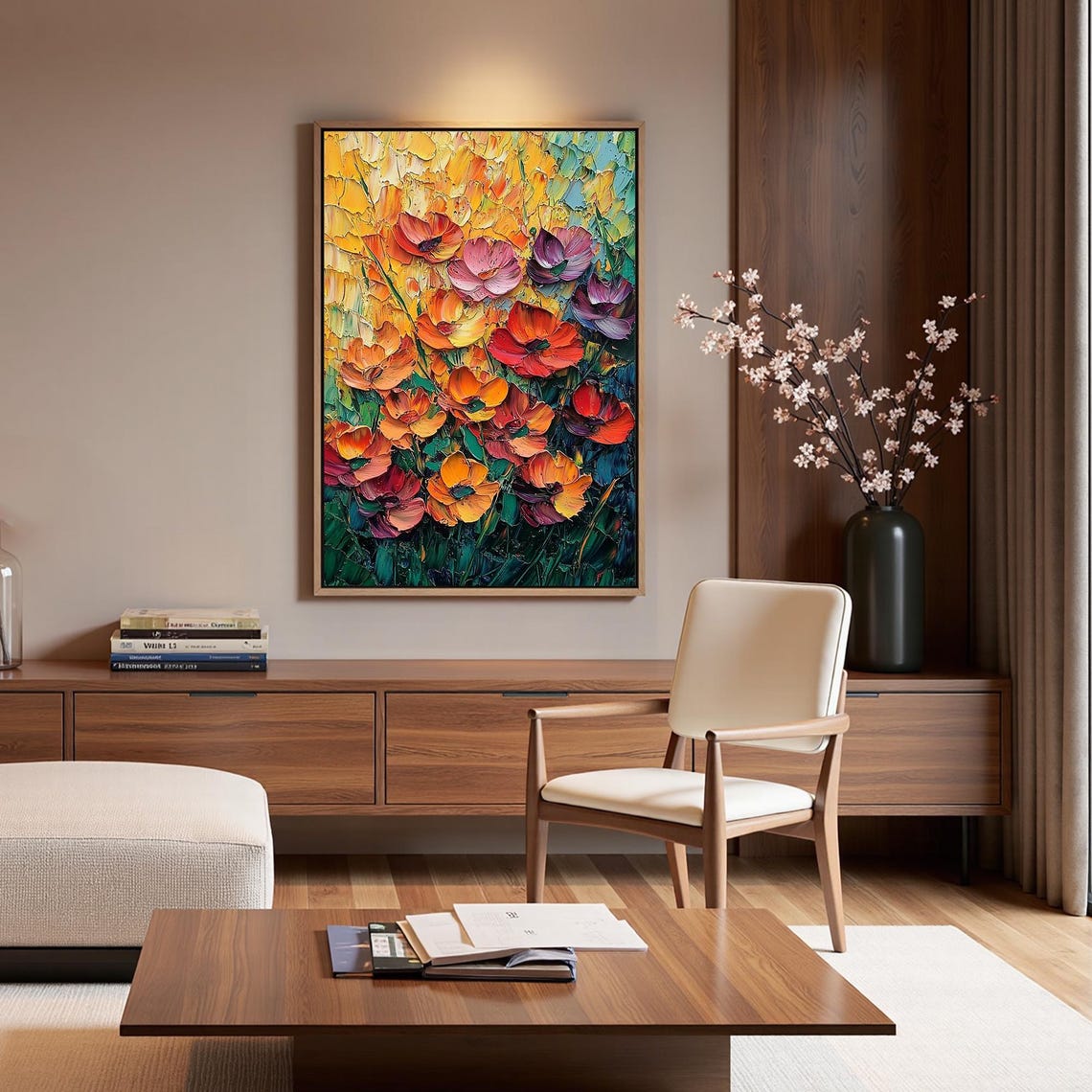 Orange Red Poppy Flowers Teal Impasto Square Floral Painting Poster - Image 5