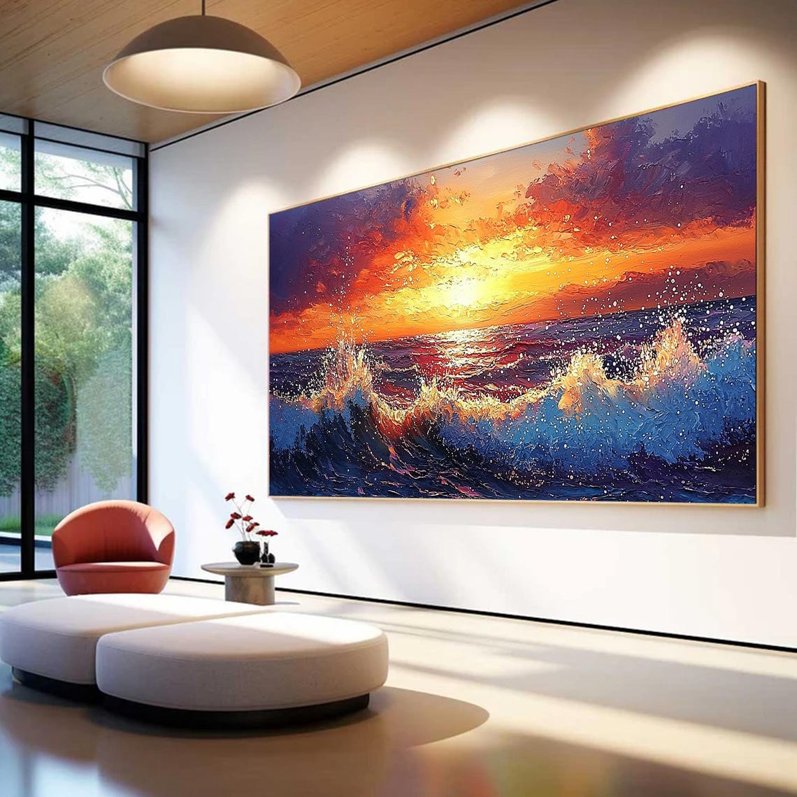 Fiery Orange Sunset over Deep Blue Ocean Waves Oil Art Poster - Image 6
