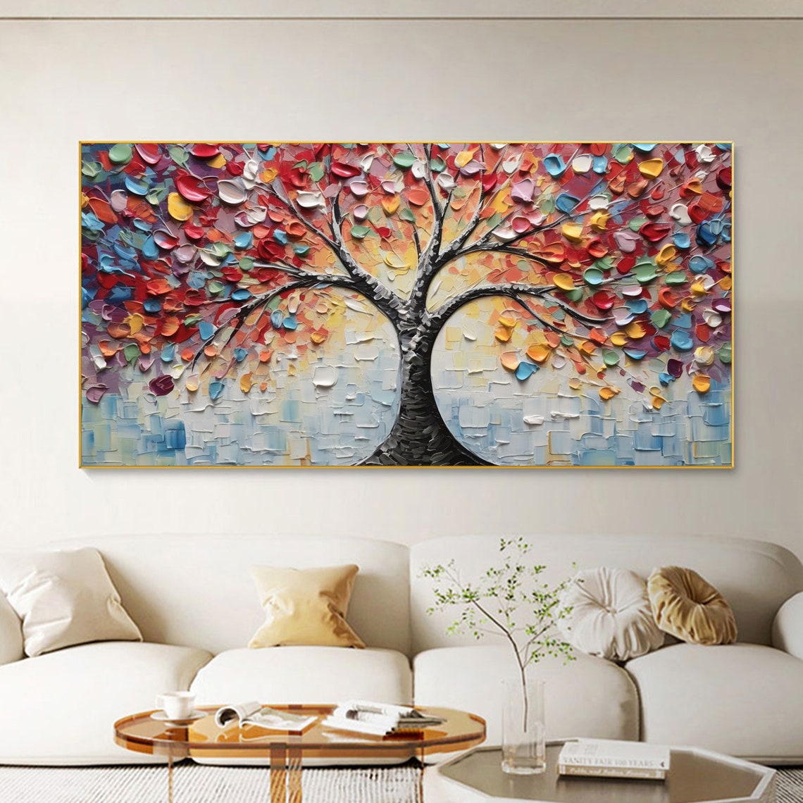 Rainbow Tree of Life Multicolor Leaves Impasto Blue Art Poster - Image 2