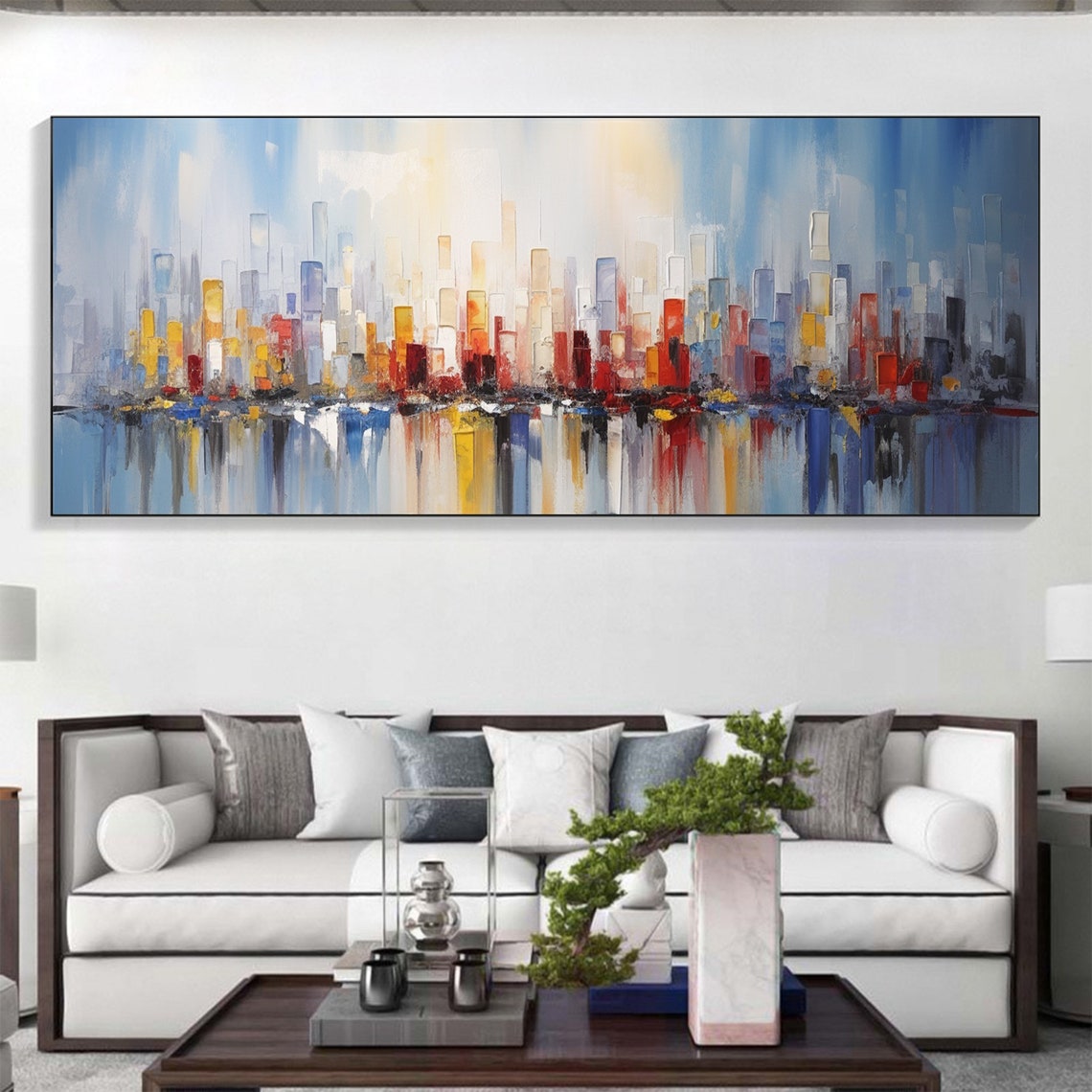 Colorful Abstract City Skyline Reflection in Water Art Poster - Image 2