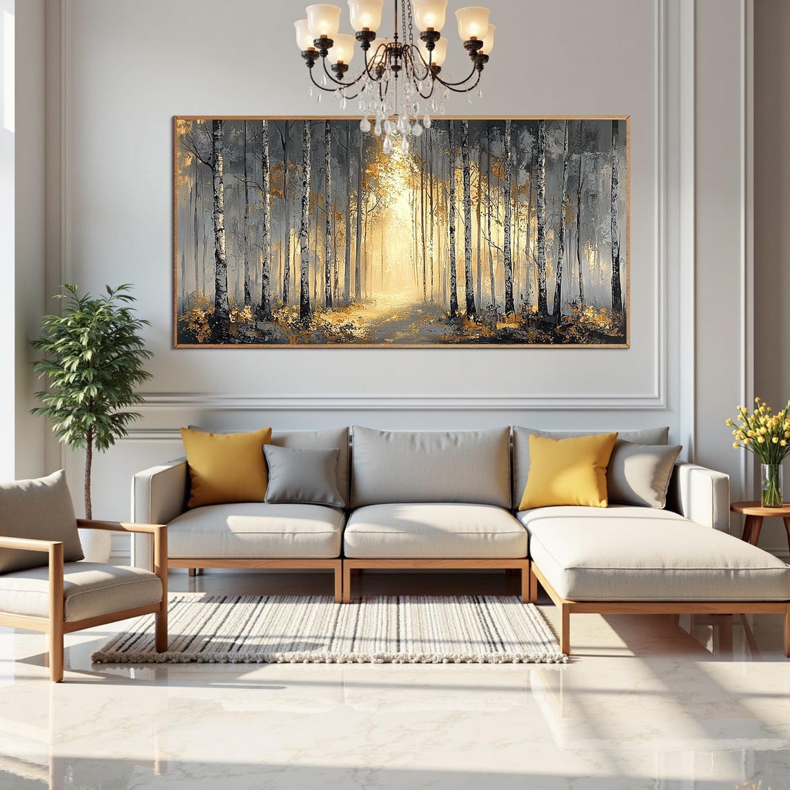 Sunlit Birch Forest Path with Golden Light on Gray Trees Poster - Image 2