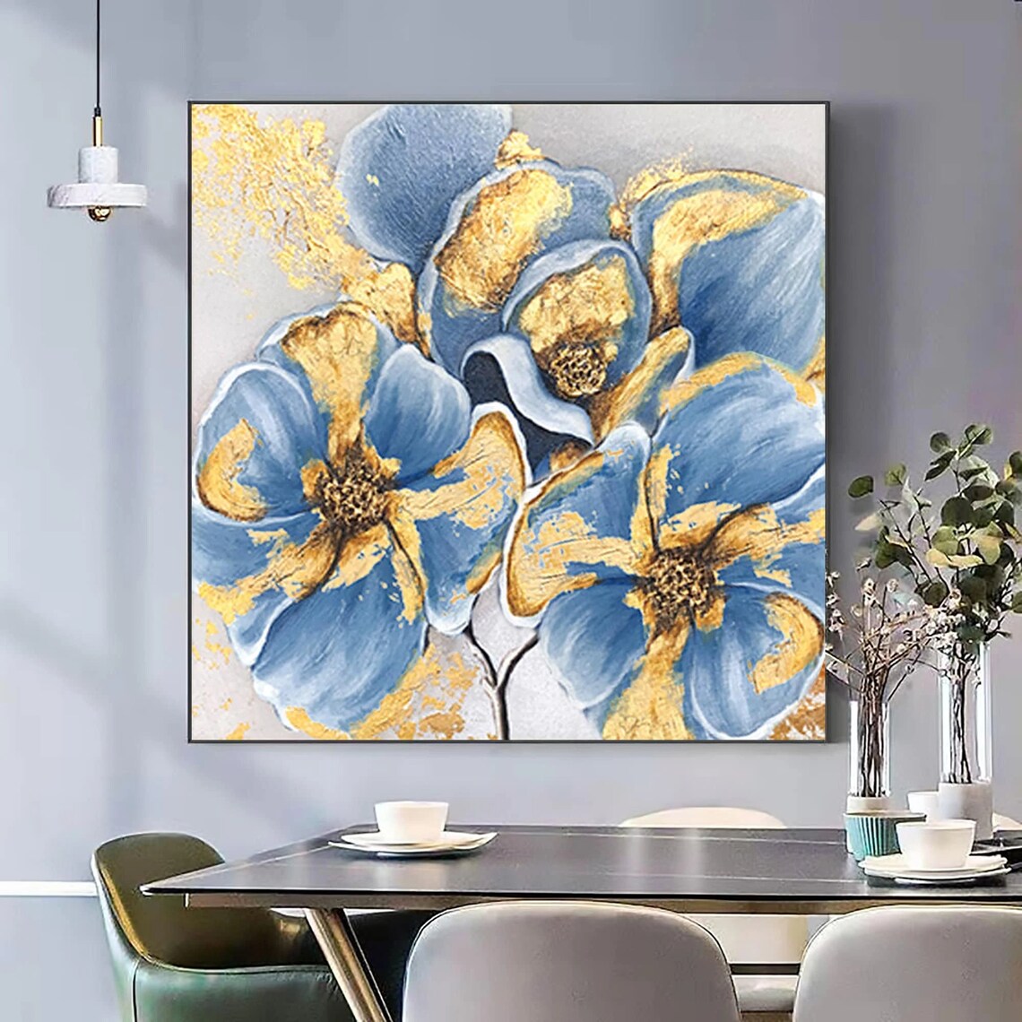 Blue Flowers Gold Foil Accents Square Floral Oil Painting Poster - Image 3
