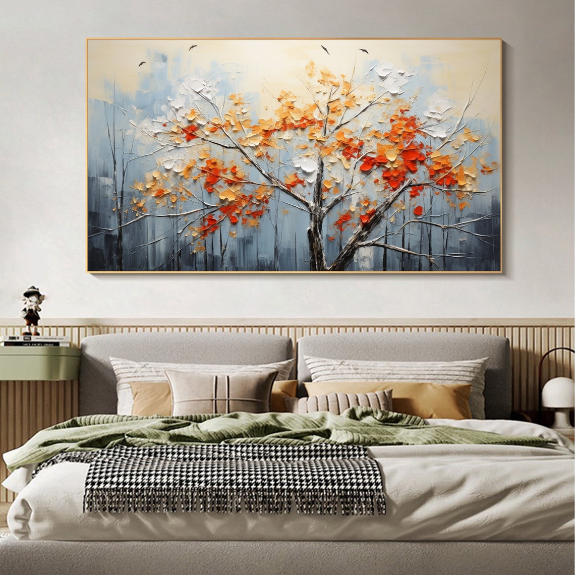 Lone Autumn Tree with Orange Blossoms and Birds in Mist Poster - Image 4