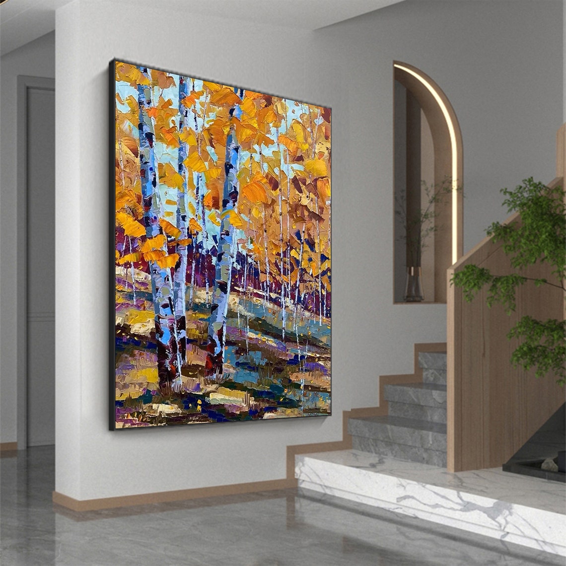 Golden Autumn Birch Trees in Vertical Impasto Oil Style Poster - Image 5