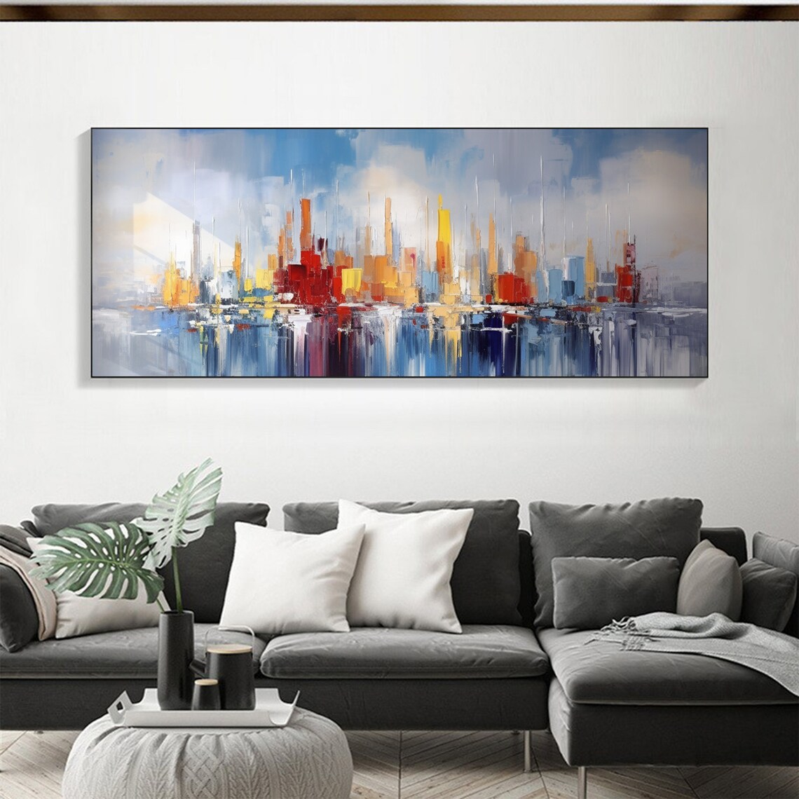 Red and Blue Abstract City Towers Water Reflection Art Poster - Image 3