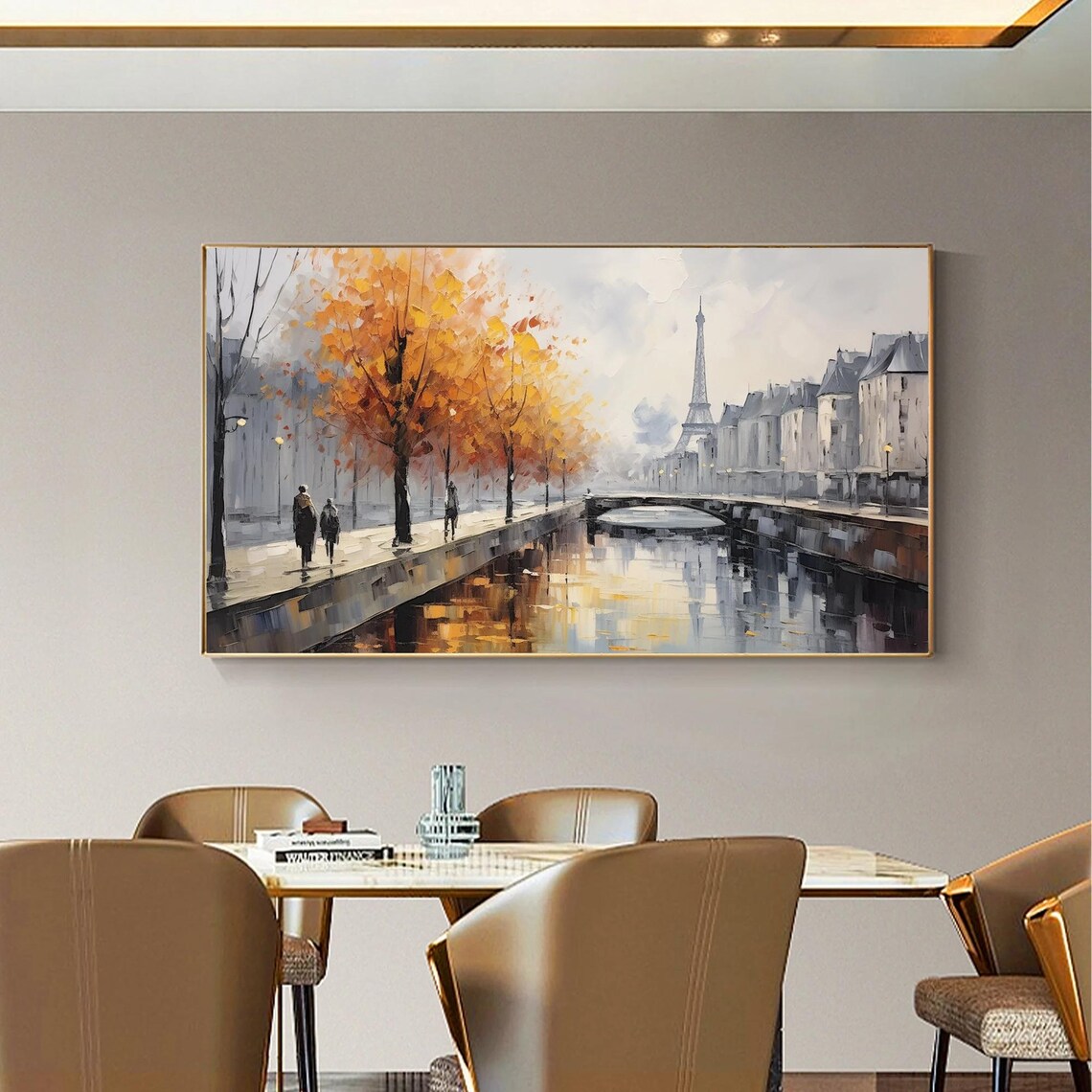 Paris Eiffel Tower Seine Autumn Trees Gray Street Art Painting Poster - Image 3