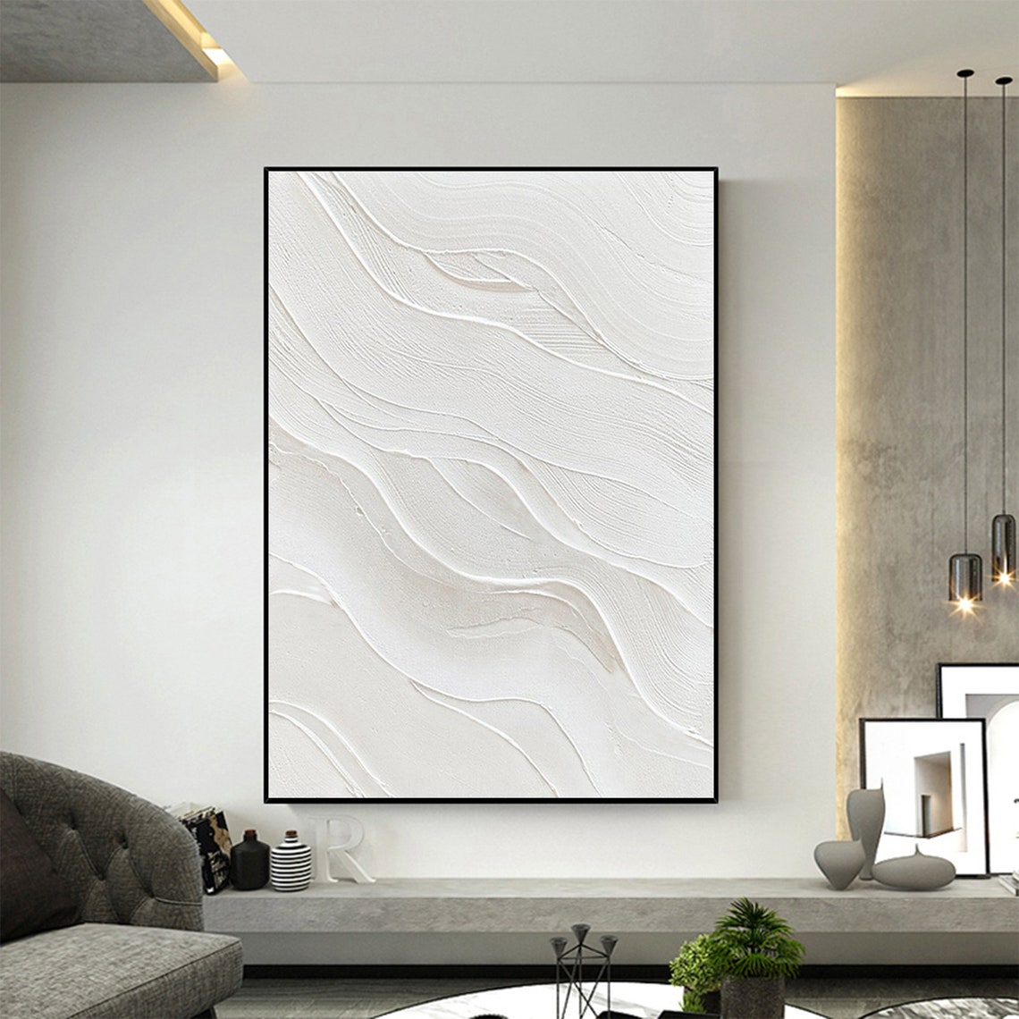 Minimalist All White Textured Wave Abstract Relief Oil Poster - Image 4