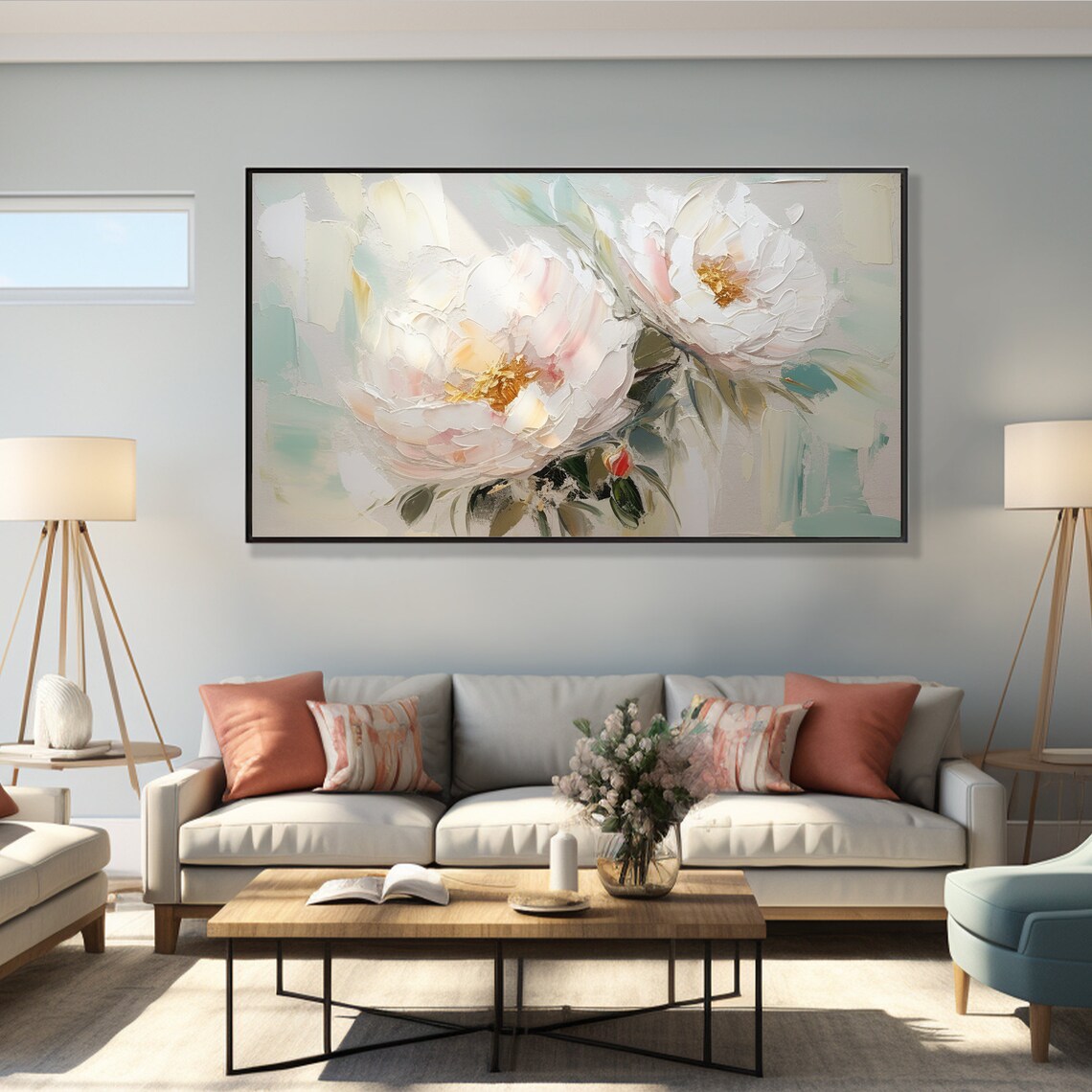Blush White Peonies Gold Centers Pastel Floral Painting Poster - Image 2