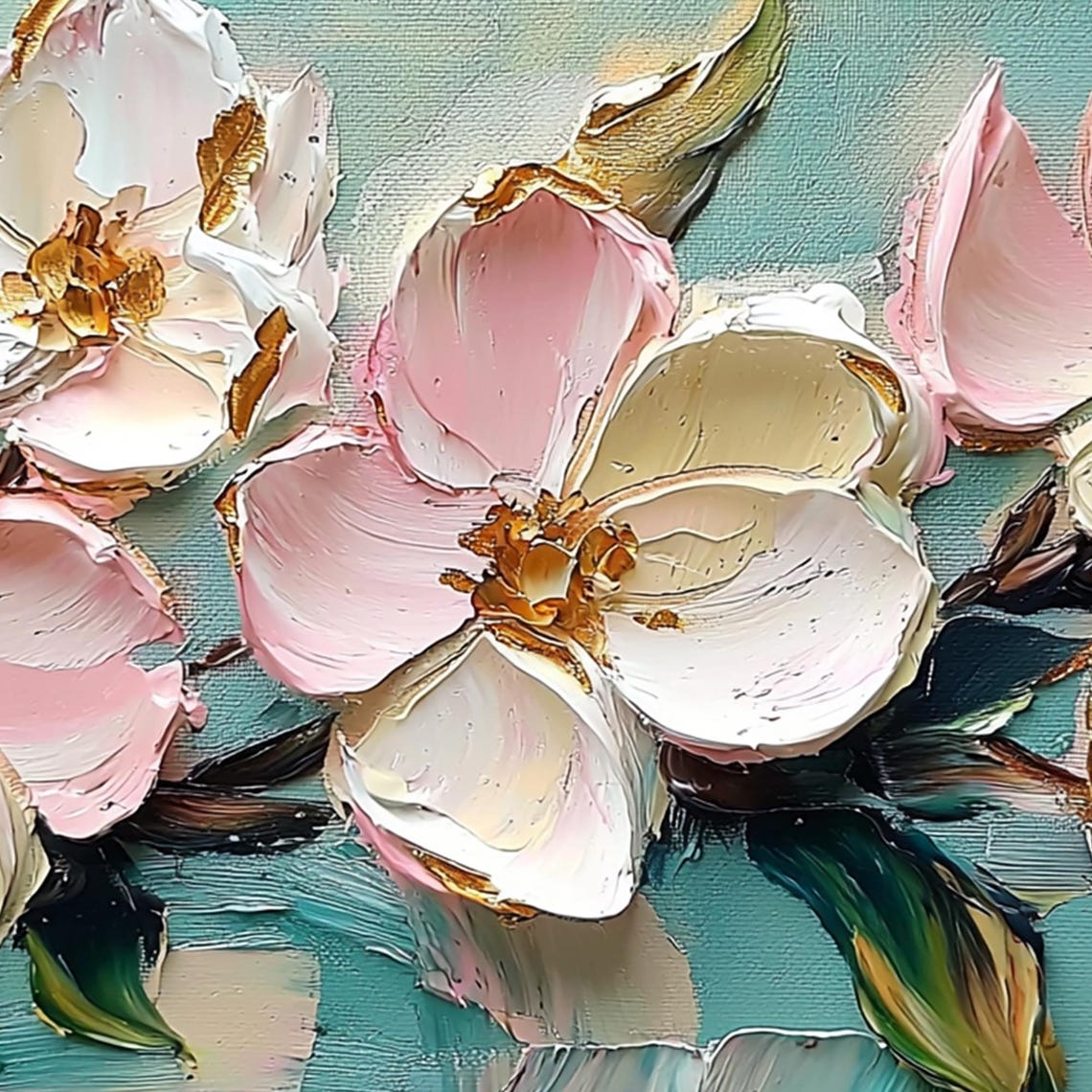 Pink Magnolia Blossoms with Gold Edges on Teal Canvas Art Poster - Image 6