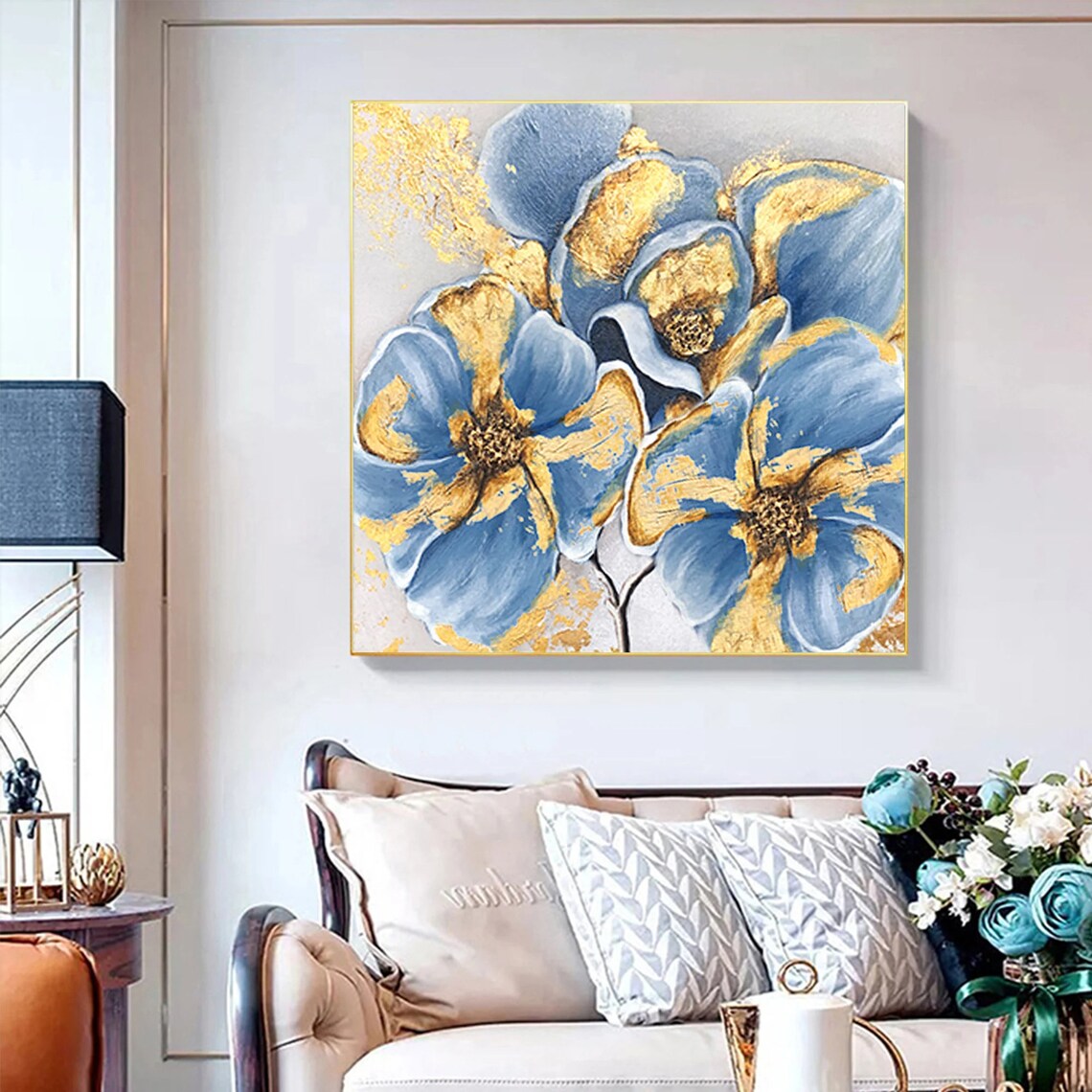 Blue Flowers Gold Foil Accents Square Floral Oil Painting Poster - Image 2
