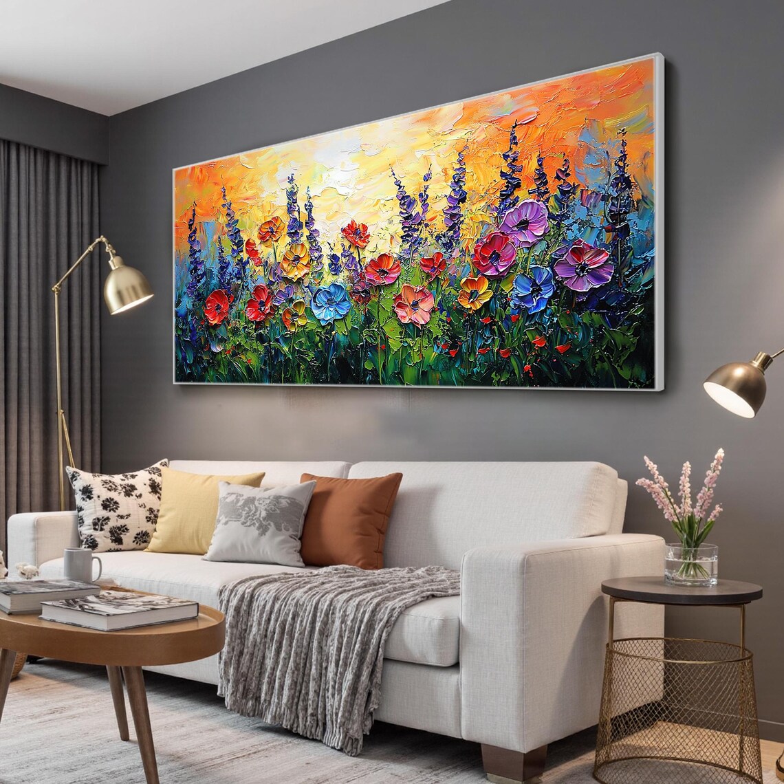 Colorful Wildflower Meadow Poppies at Sunset Impasto Art Poster - Image 3