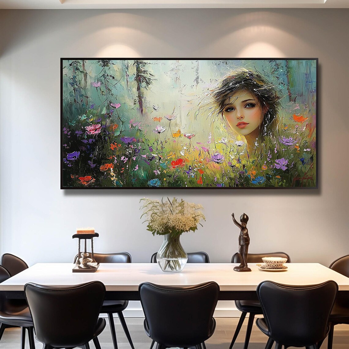 Dreamy Woman Face among Colorful Wildflowers Garden Oil Poster - Image 4