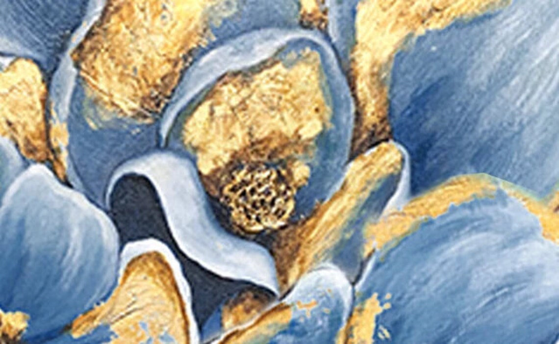 Blue Flowers Gold Foil Accents Square Floral Oil Painting Poster - Image 5