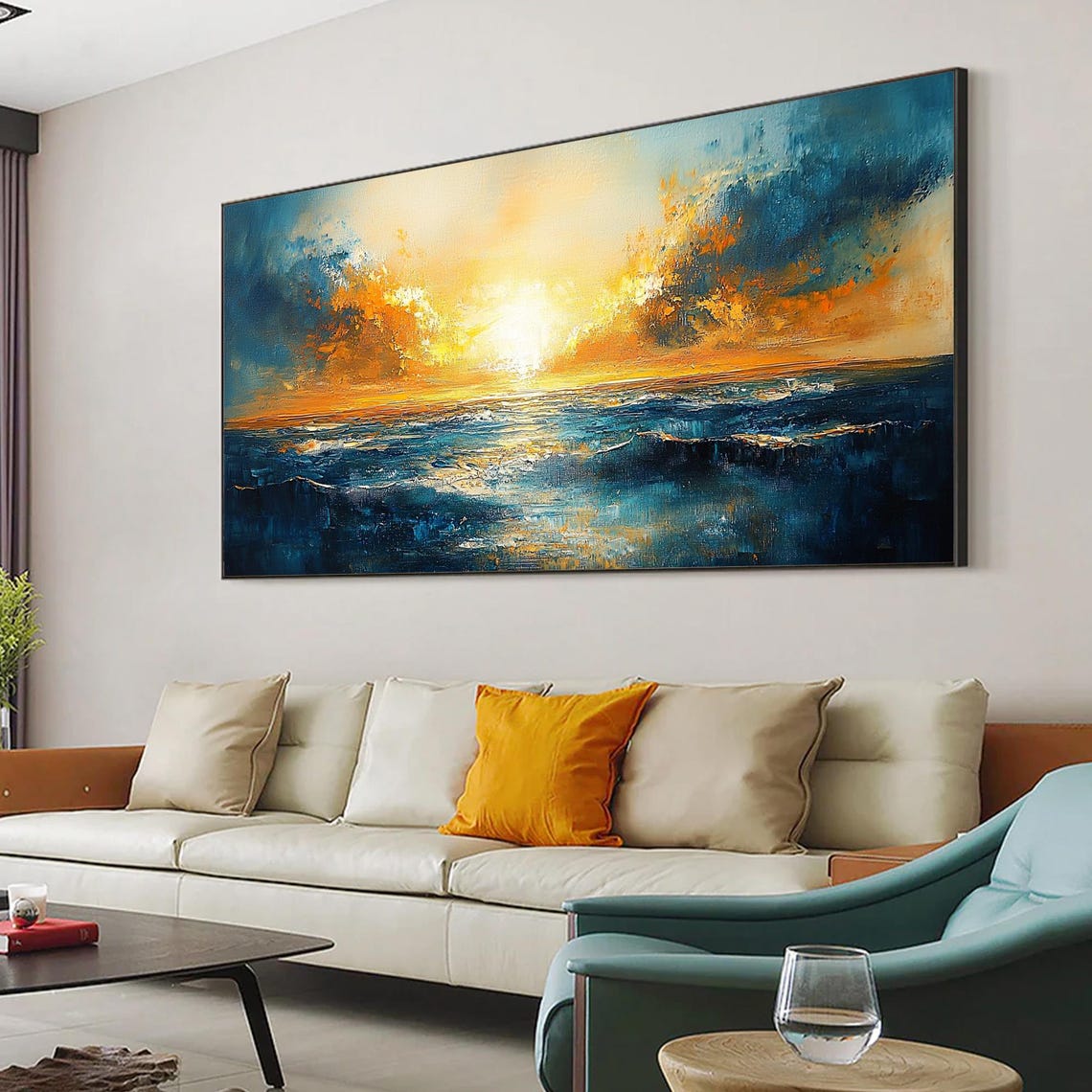 Golden Sunset Over Deep Blue Ocean Oil Style Seascape Art Poster - Image 6