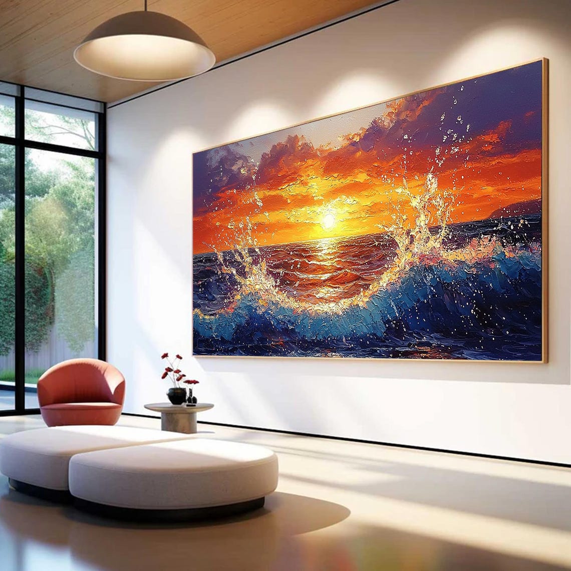 Vibrant Orange Sunset Seascape with Splashing Waves Oil Poster - Image 6
