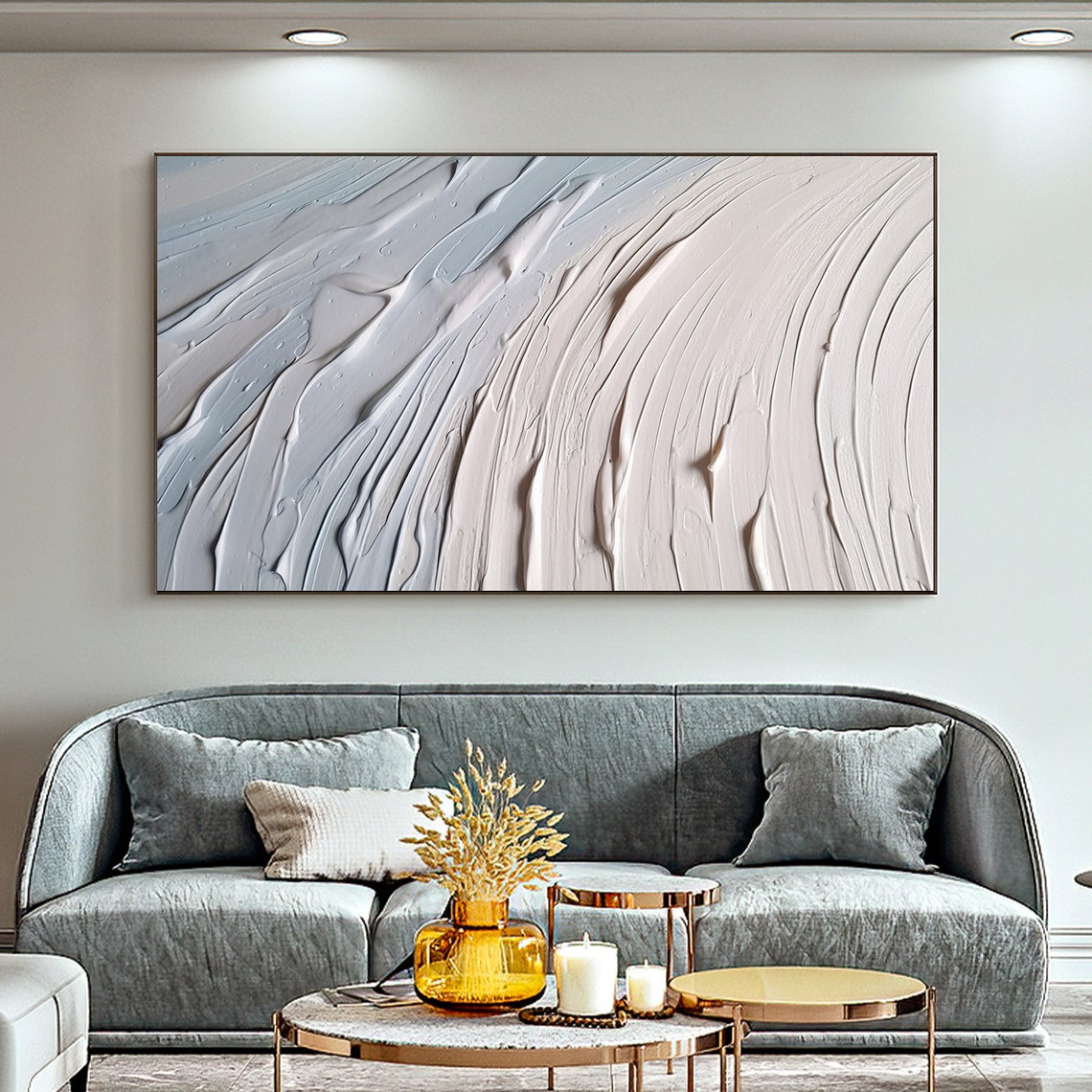 Blue To White Swirl Wave Texture Horizontal Abstract Painting Poster - Image 2