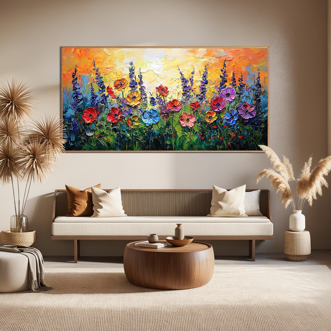 Colorful Wildflower Meadow Poppies at Sunset Impasto Art Poster - Image 5