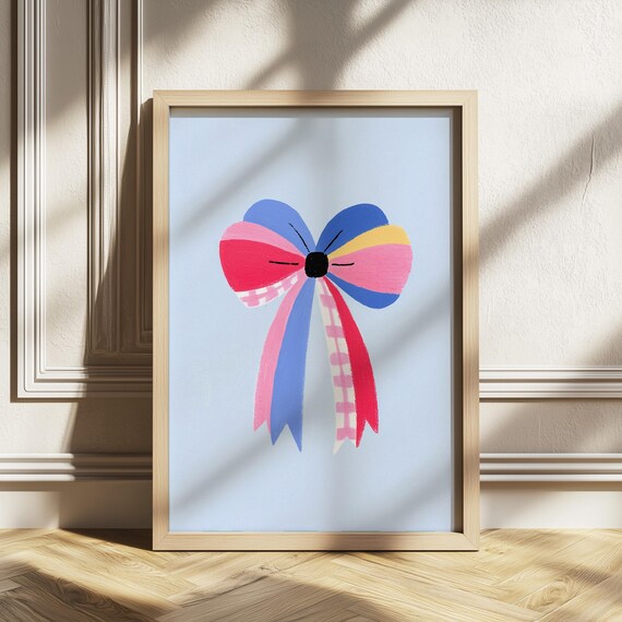 Colorful Bow Nursery Wall Art For Girls Room Pink And Blue Pastel Print Decor Toddler Preppy