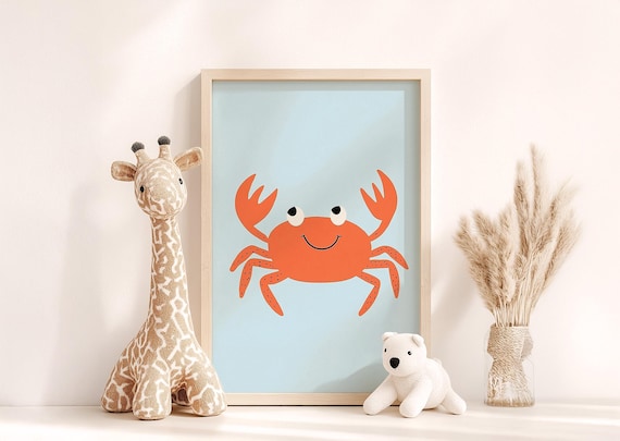 Smiling Orange Crab Cute Nursery Ocean Animal Kids Room Print