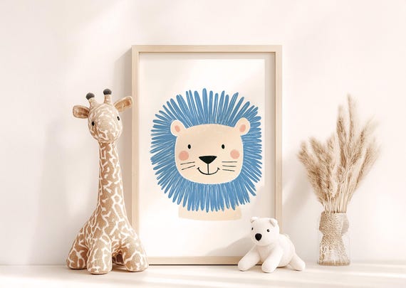 Cute Lion Portrait Wall Art For Kids Room Safari Animal Nursery Decor Print Playroom Blue