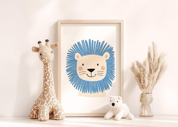 Cute Smiling Lion With Blue Mane Baby Safari Nursery Art Poster