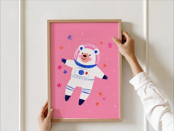 Cute Astronaut Bear Poster Outer Space Nursery Wall Art Polar Playroom Pink Girls Room Decor Kids