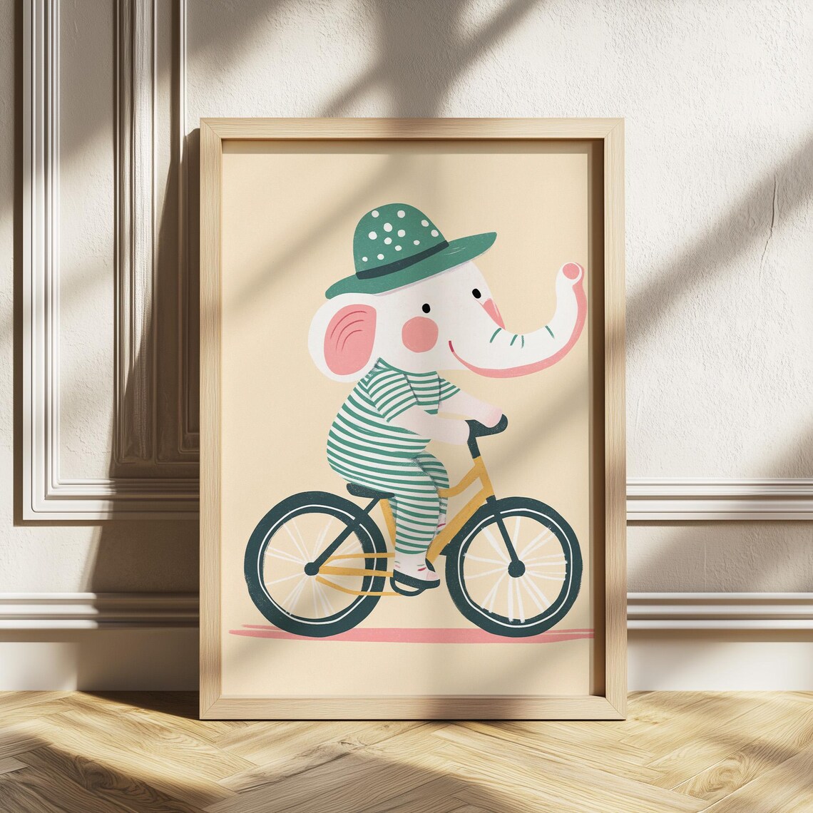 Elephant Bicycle Wall Art Nursery Decor Kids Room Whimsical Animal Illustration Boys Playroom
