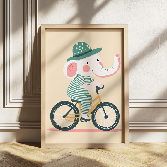 Elephant Riding Yellow Bicycle Whimsical Nursery Animal Art Poster